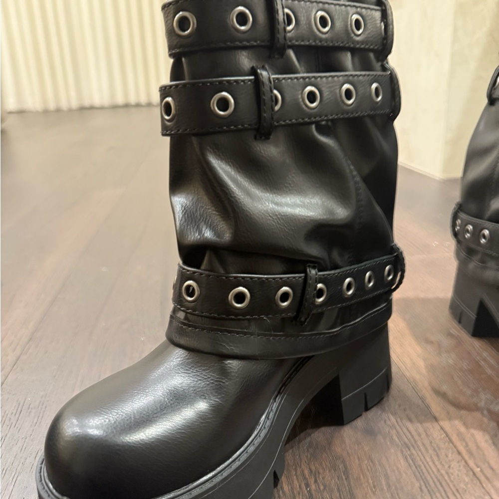 Dolls Kill Black Combat Boots with Buckle Straps - Picture 5 of 8